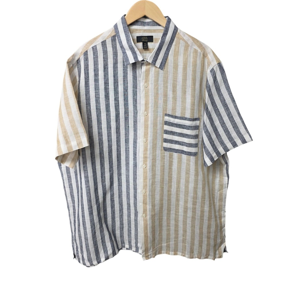 Club Room Button Up Men XXL Blue Tan Striped 100% Linen Short Sleeve Beach Shirt